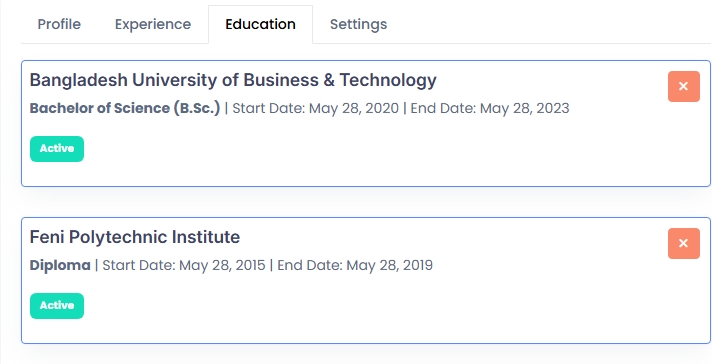 Applicant Education List