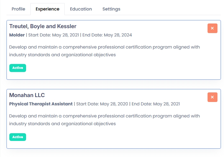 Applicant Experience List