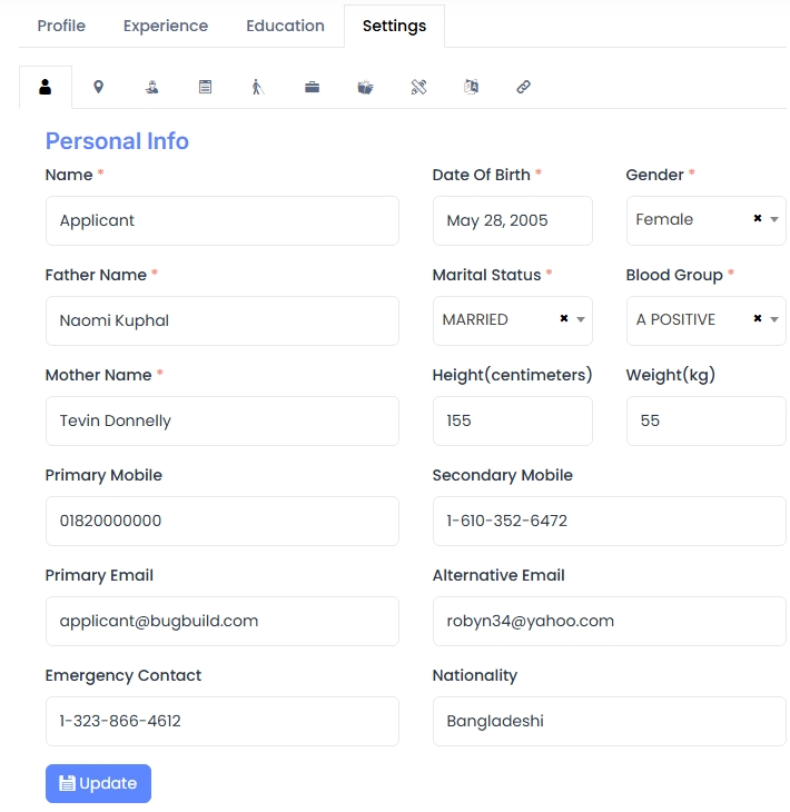 Applicant Settings – Personal Info