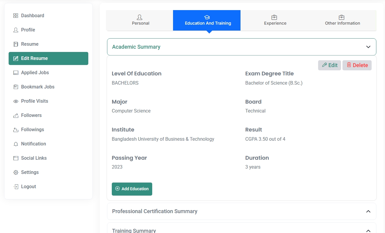 Edit Resume - Education