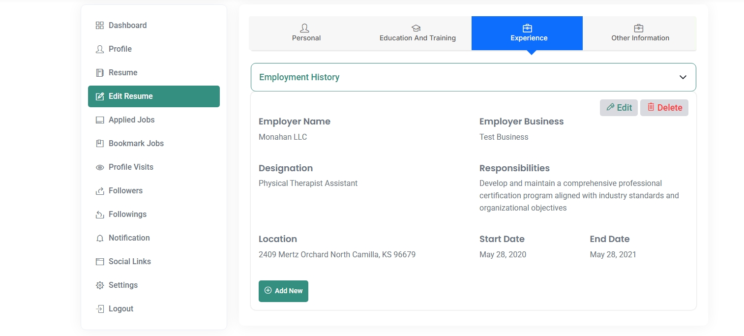 Edit Resume - Experience