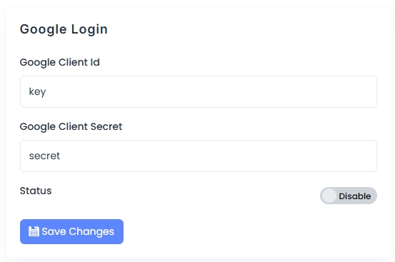 Google Login Configuration Panel