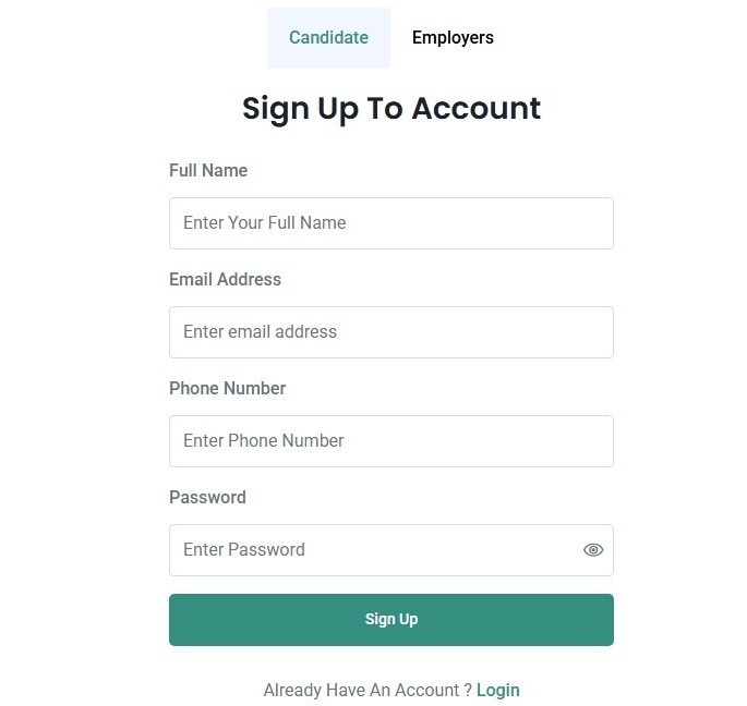 Candidate Signup Interface